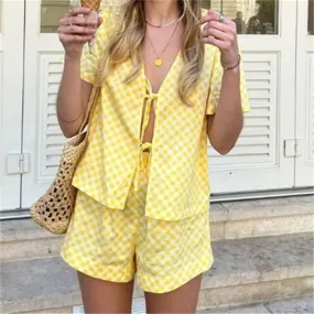 2-Piece Cute Tie Up Front Peplum Top & Lounge Shorts Streetwear