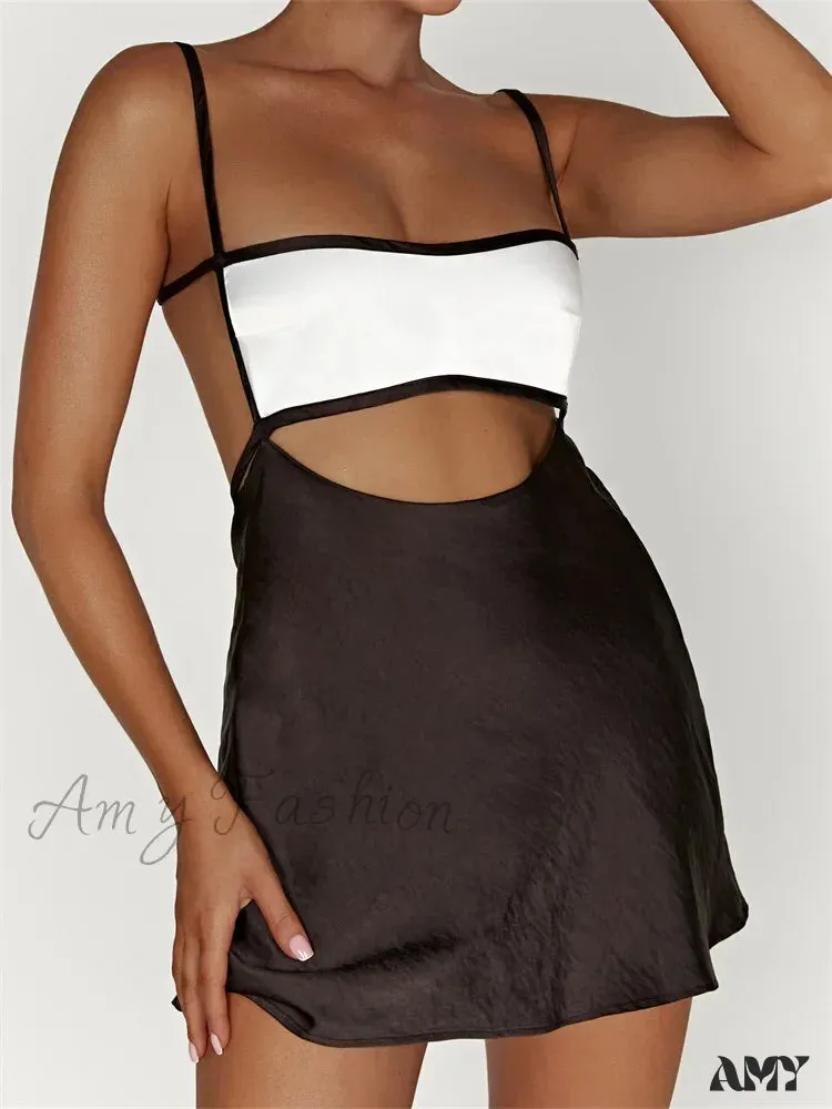 Amy Fashion - Sexy Sleeveless Strap Patchwork Hollow Out Backless Mini Dress