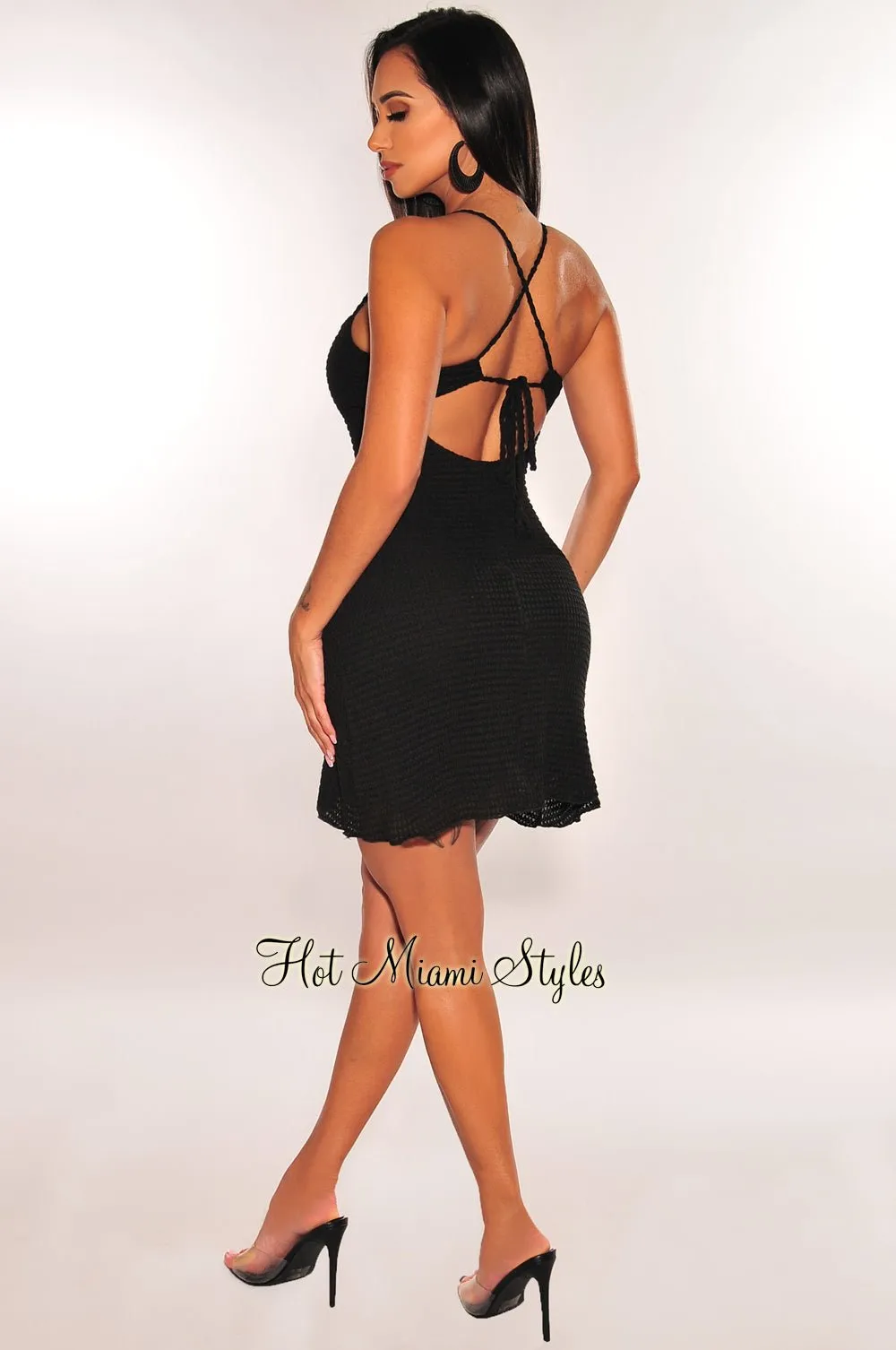 Black Crochet Halter CrissCross Back Mini Dress