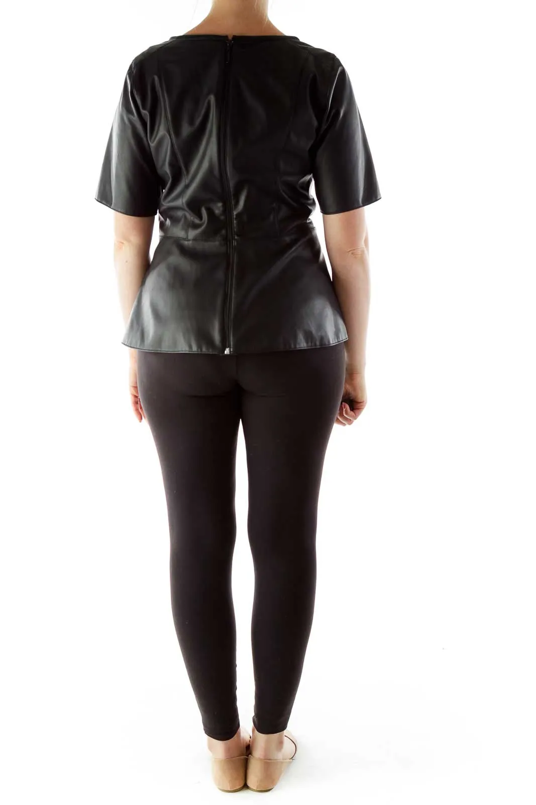 Black Faux-Leather Peplum Top