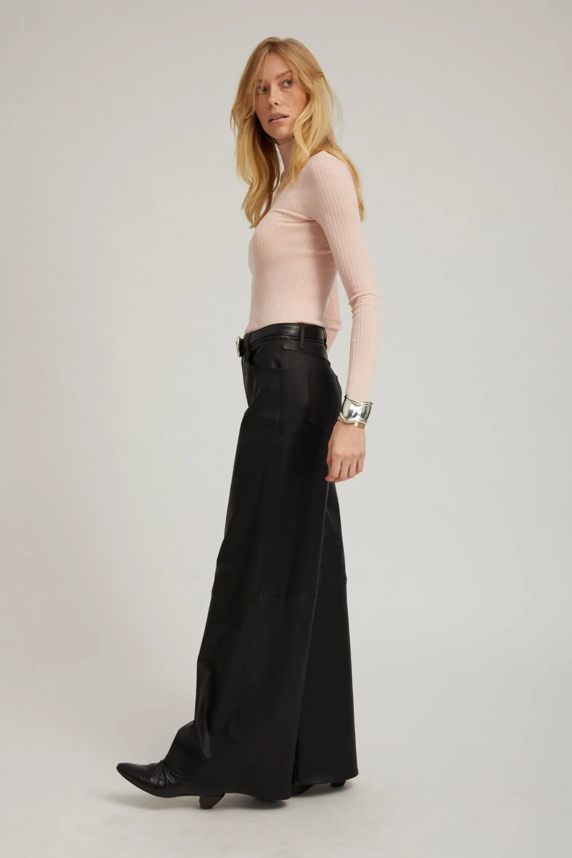 Black Leather 5 Pocket Mid Rise Wide Leg Pants