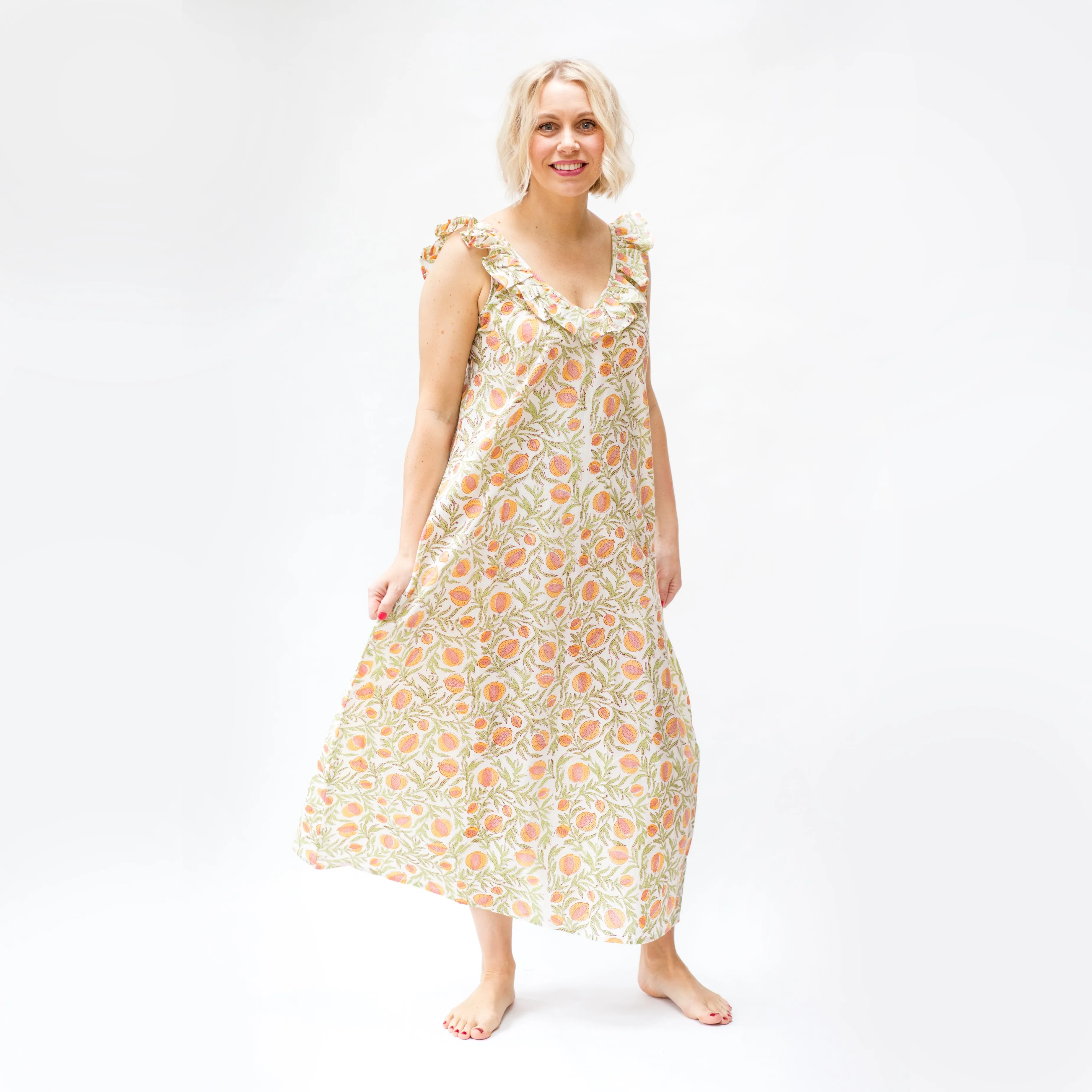 Block Print Cotton Nightdress - Pomegranate Print