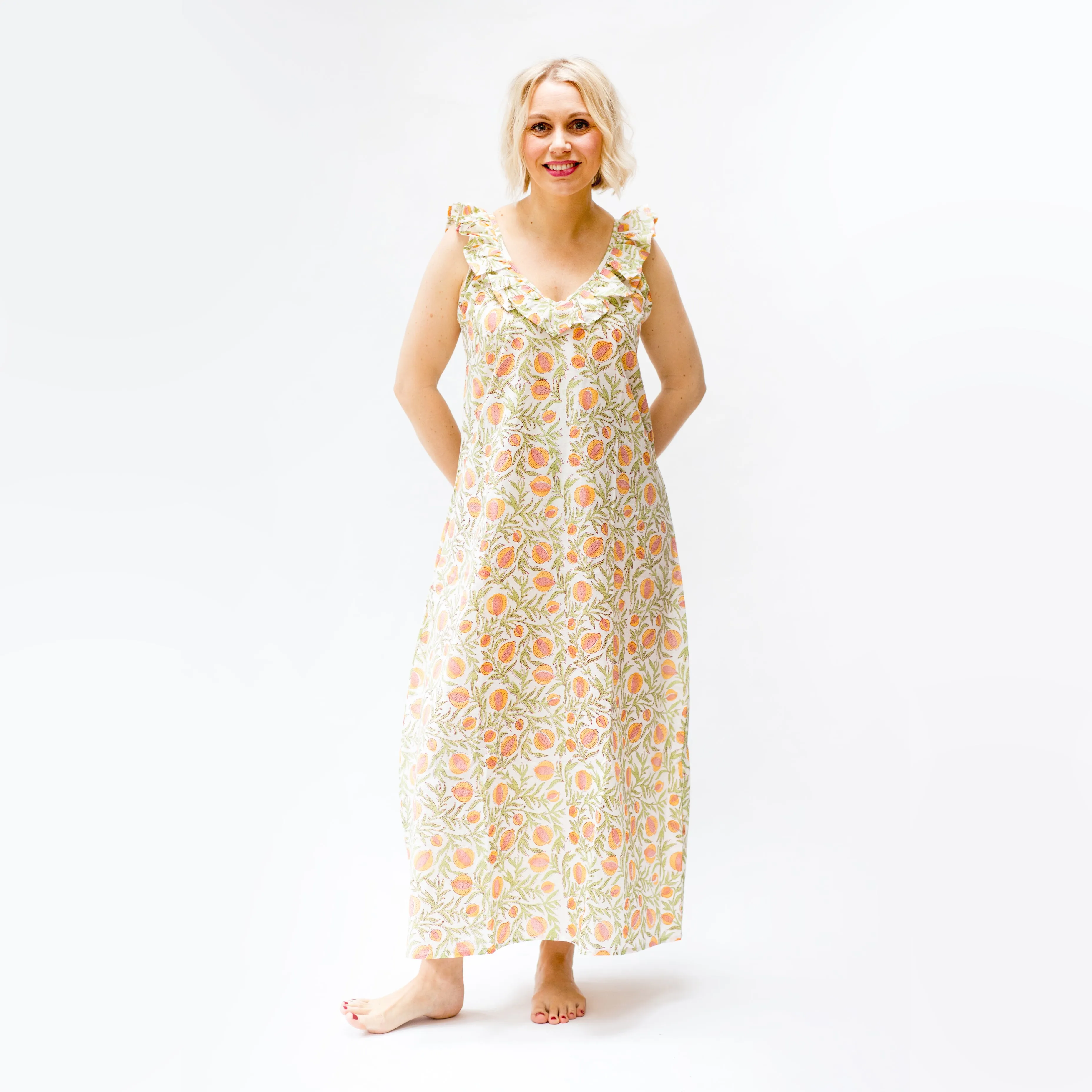 Block Print Cotton Nightdress - Pomegranate Print