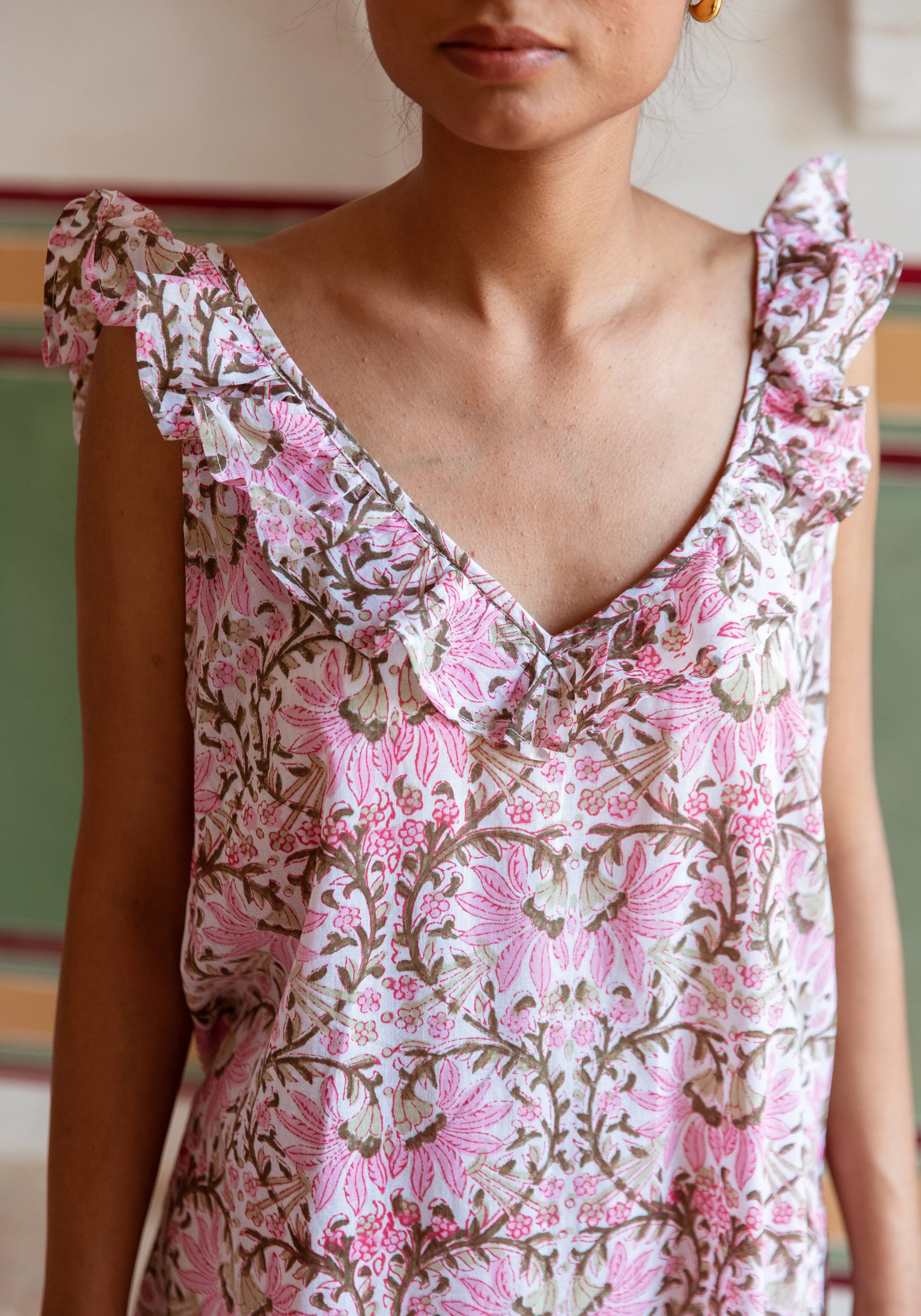 Block Print Cotton Nightdress - Soft Pink Floral Fan Print