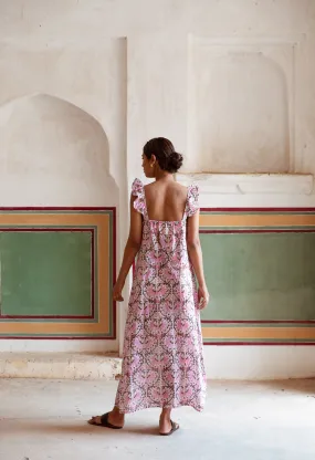 Block Print Cotton Nightdress - Soft Pink Floral Fan Print