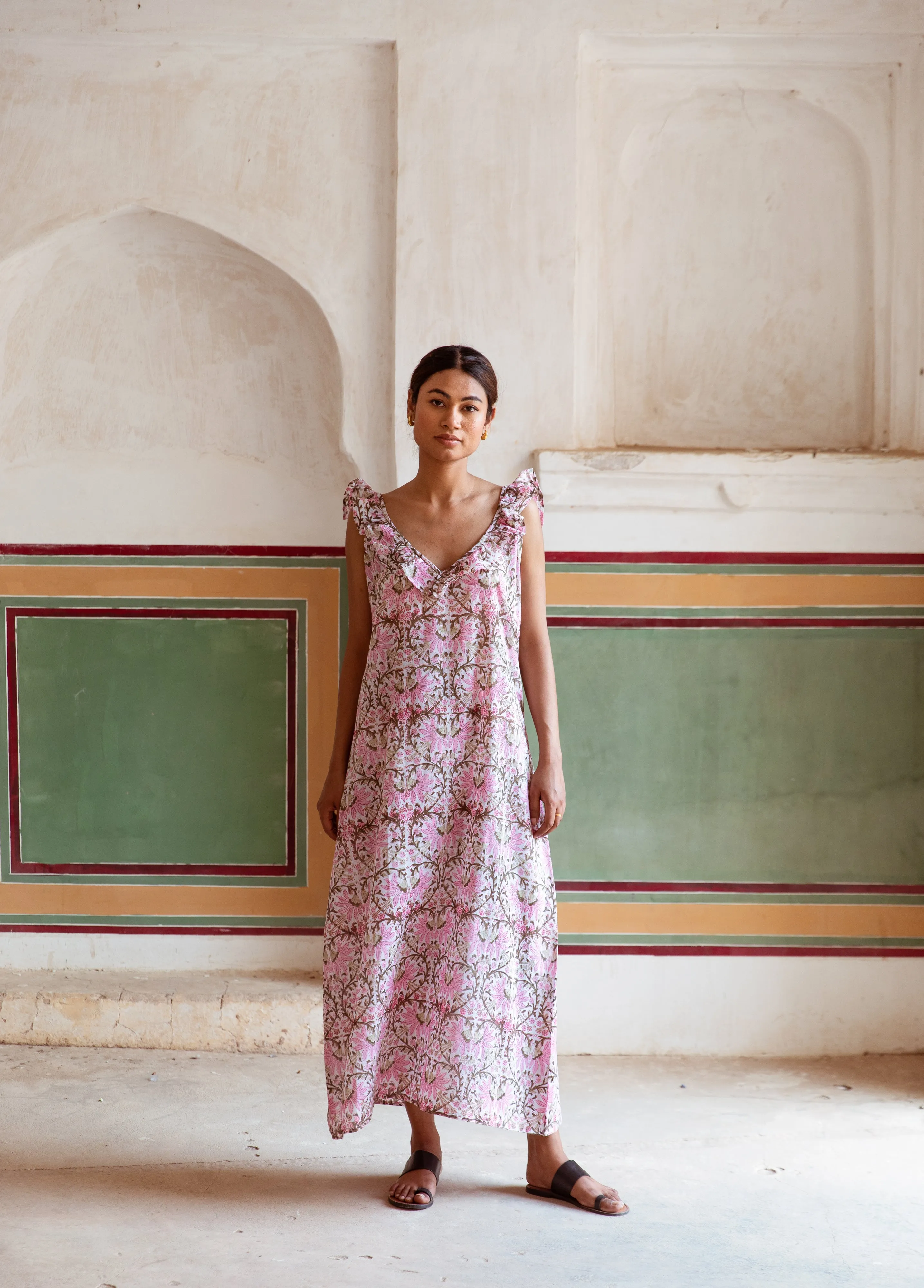 Block Print Cotton Nightdress - Soft Pink Floral Fan Print