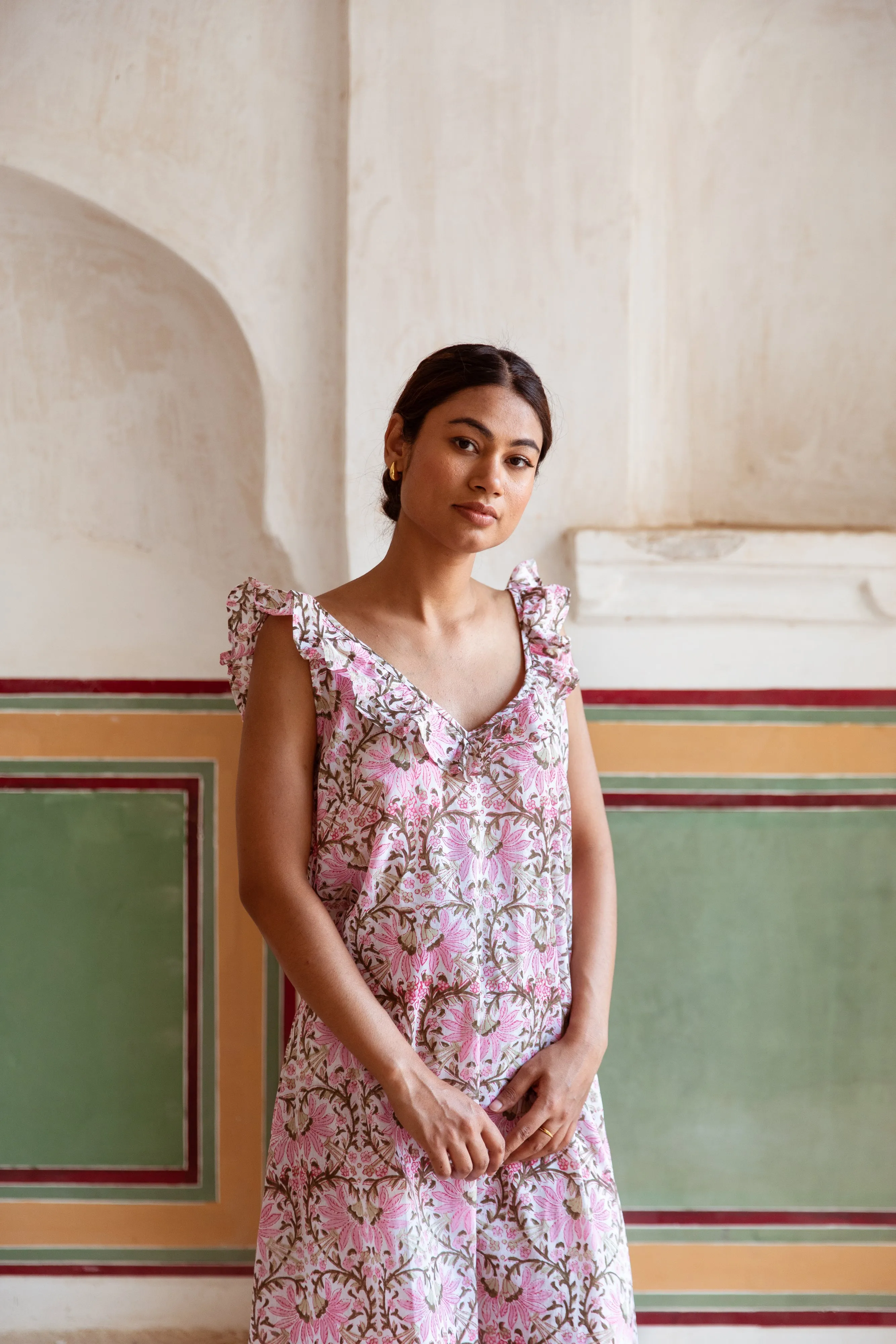 Block Print Cotton Nightdress - Soft Pink Floral Fan Print