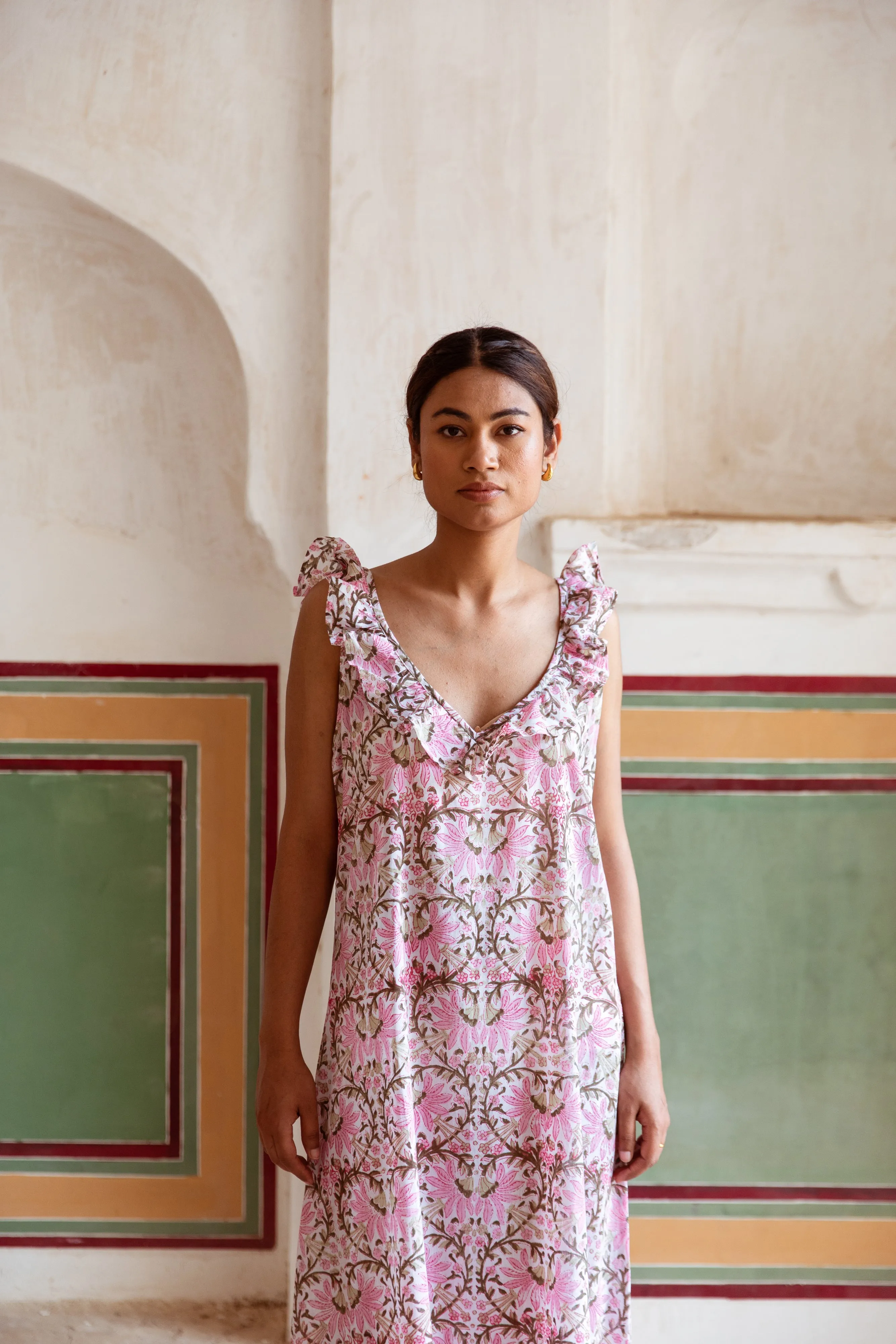 Block Print Cotton Nightdress - Soft Pink Floral Fan Print