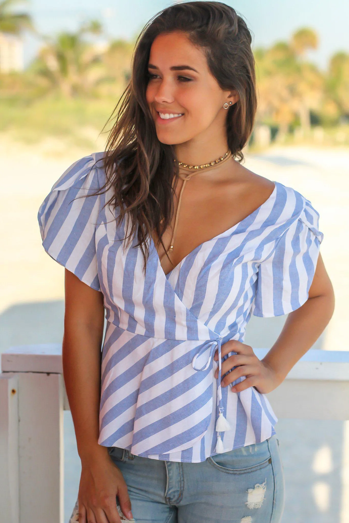 Blue and White Striped Peplum Top