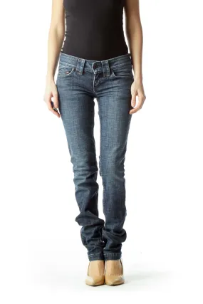 Blue Straight-Leg Denim Jeans Heart Pockets