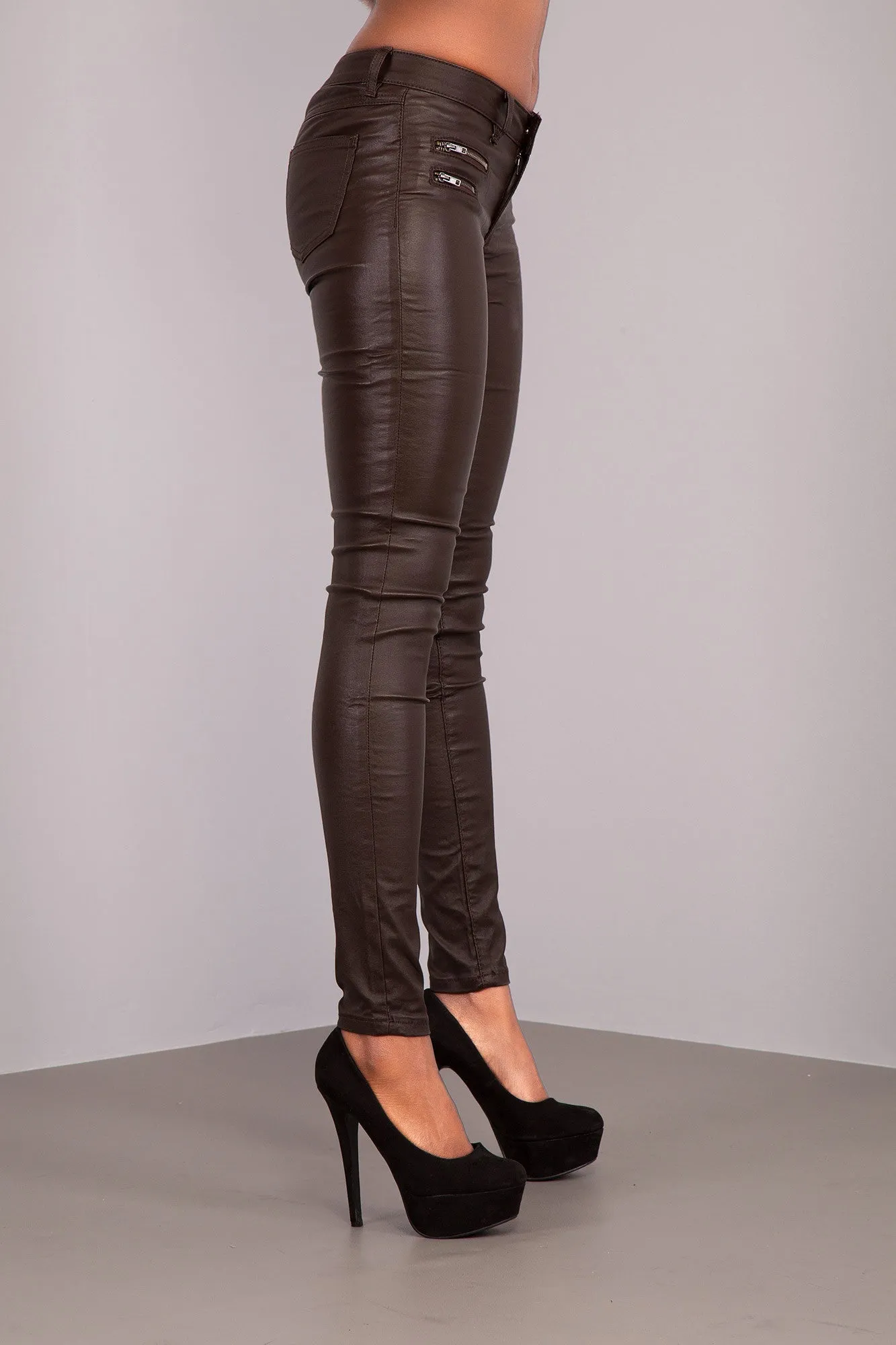 BronzeEdge Faux Leather Trousers with Zipper Detail – Brown