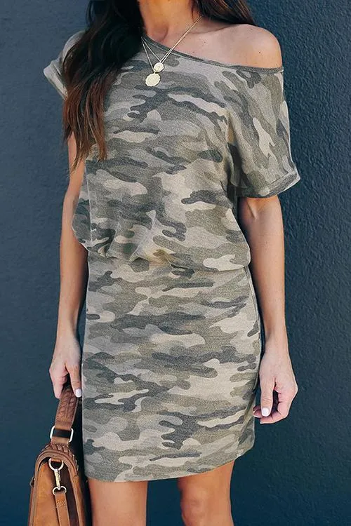 Camouflage Dew Shoulder Mini Dress