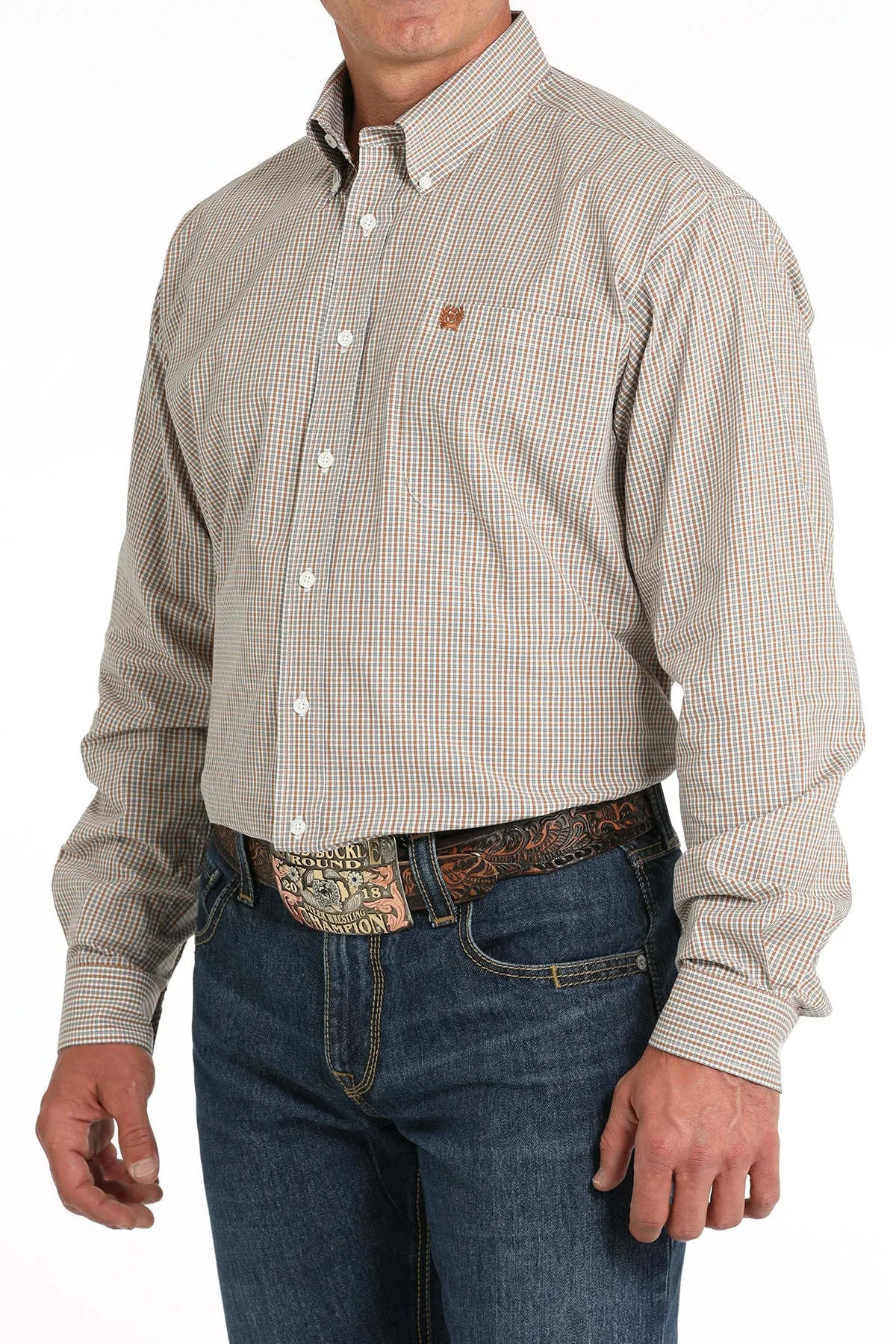 Cinch Men's Grey and Ochre Mini Check Button Down Shirt