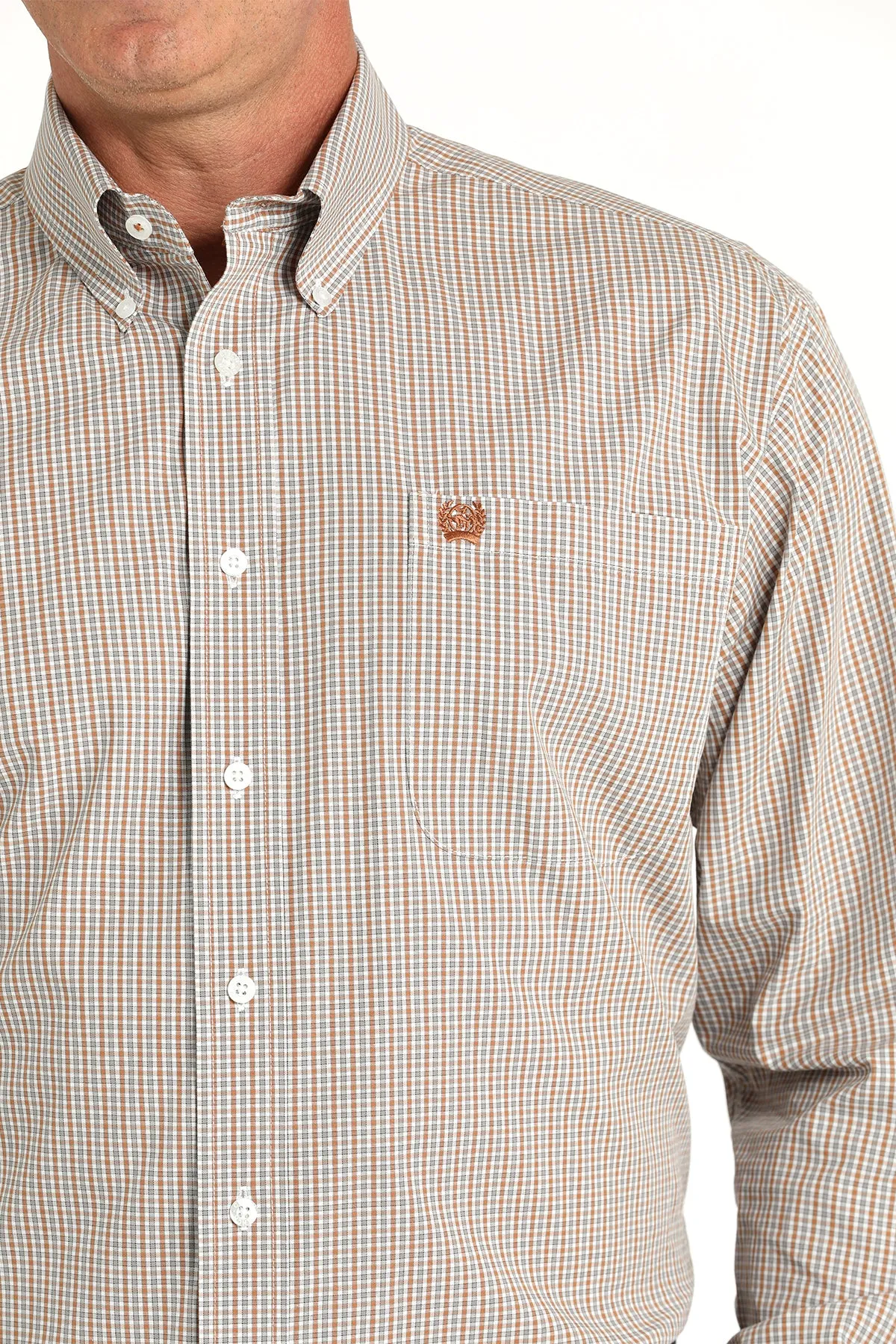 Cinch Men's Grey and Ochre Mini Check Button Down Shirt