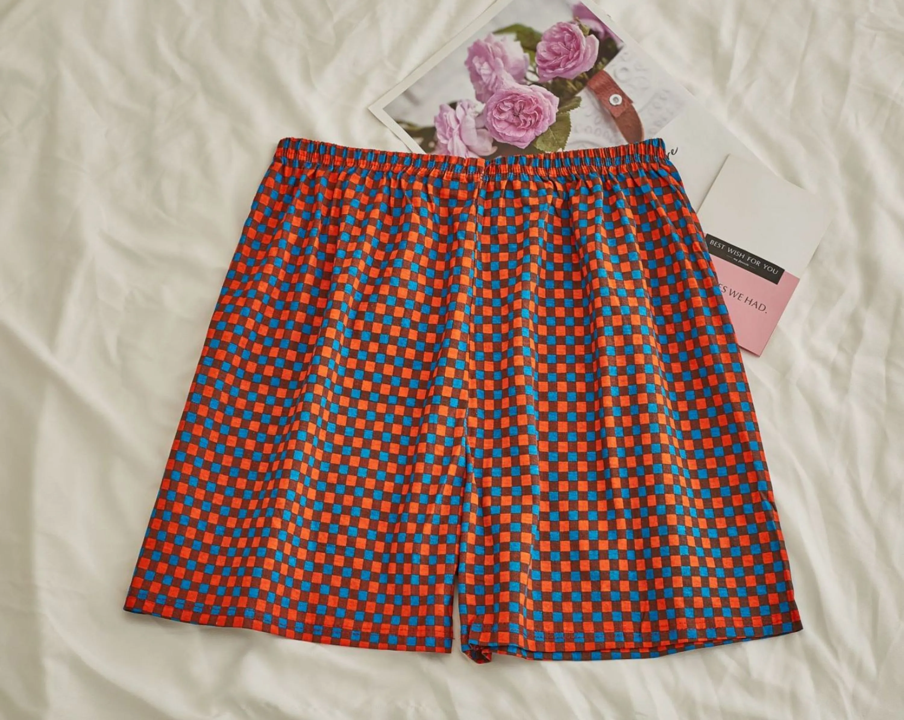 Comfy Padded Tank Shorts Set / Gray Top   Purple Gingham