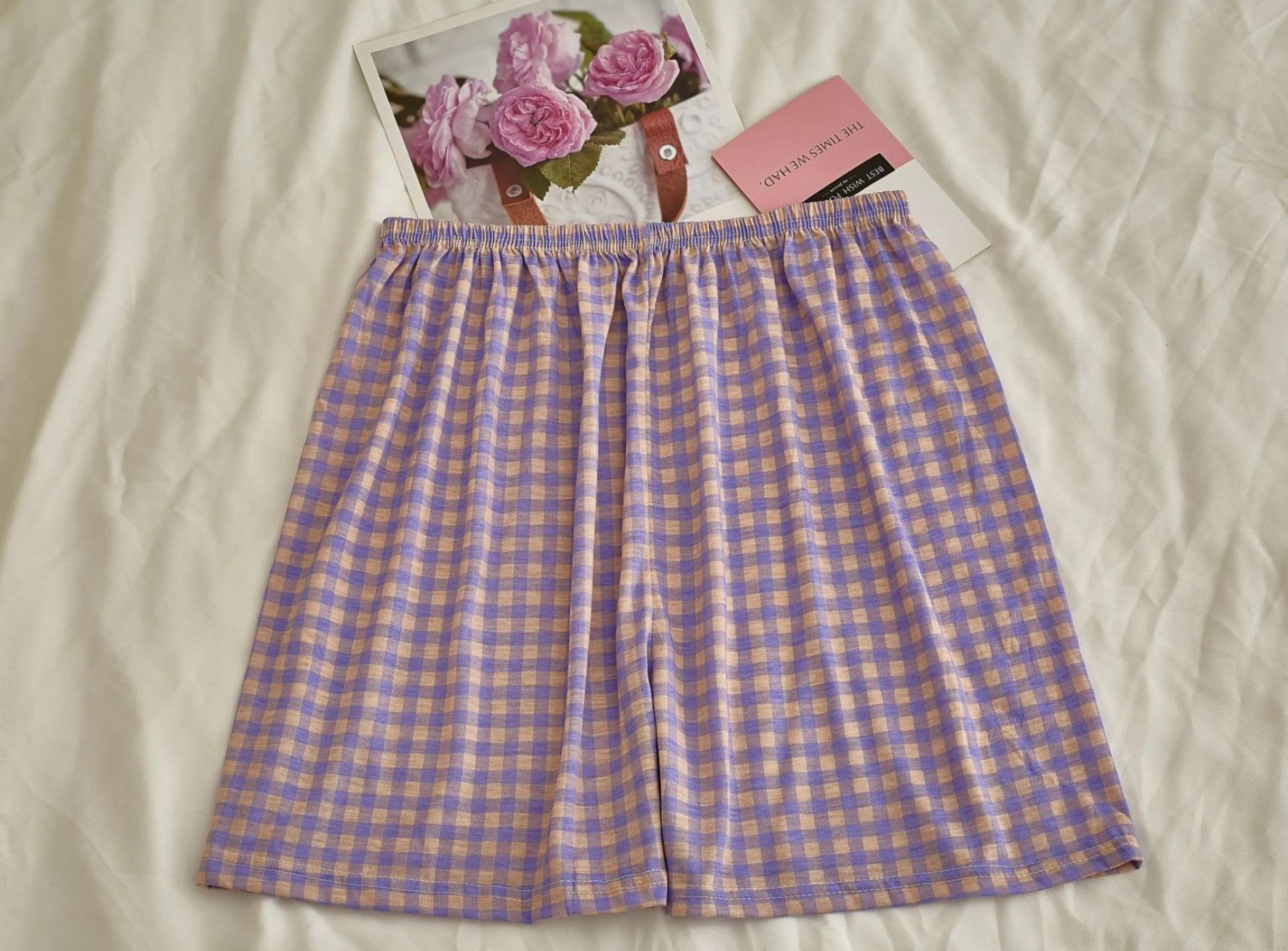 Comfy Padded Tank Shorts Set / Gray Top   Purple Gingham