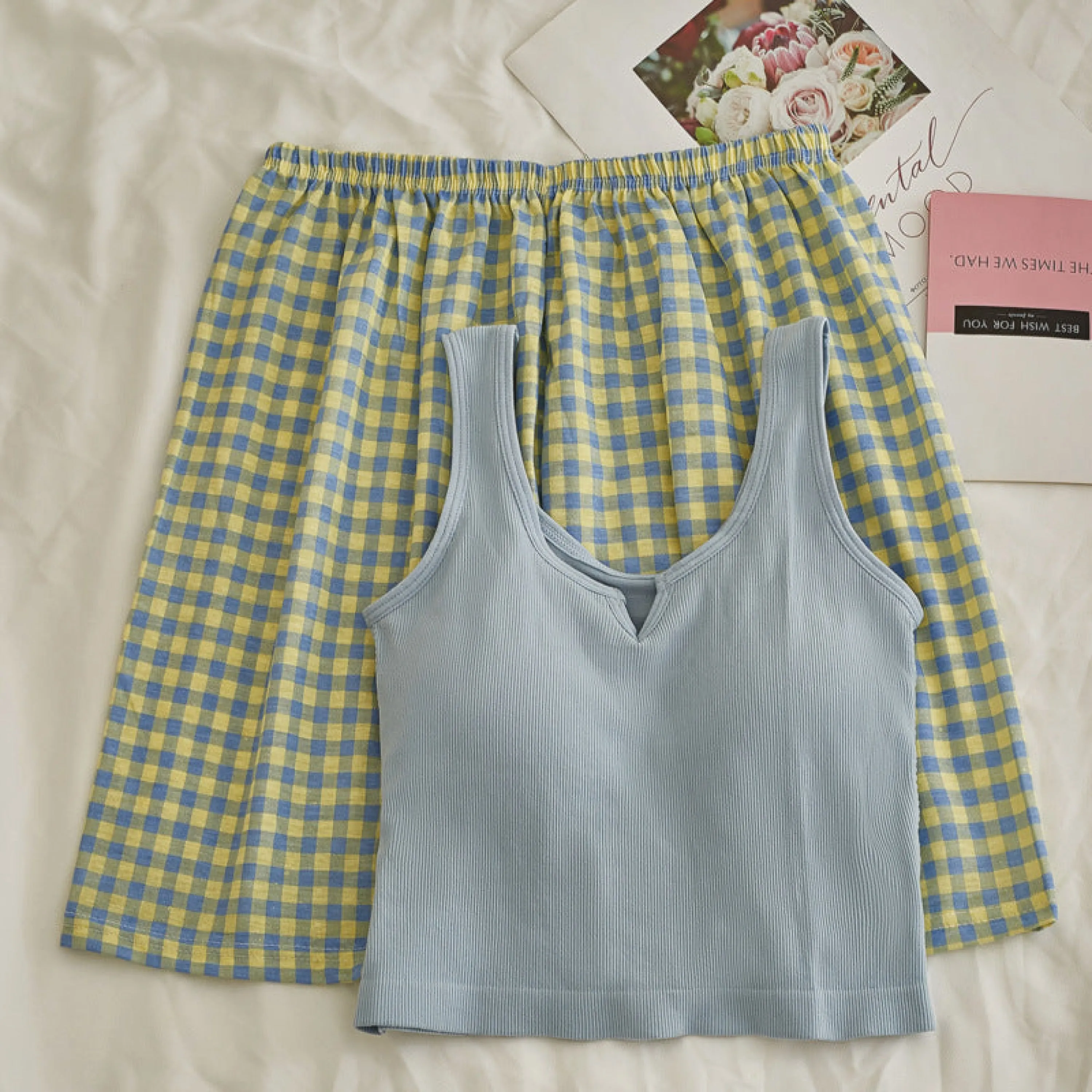 Comfy Padded Tank Shorts Set / Gray Top   Purple Gingham