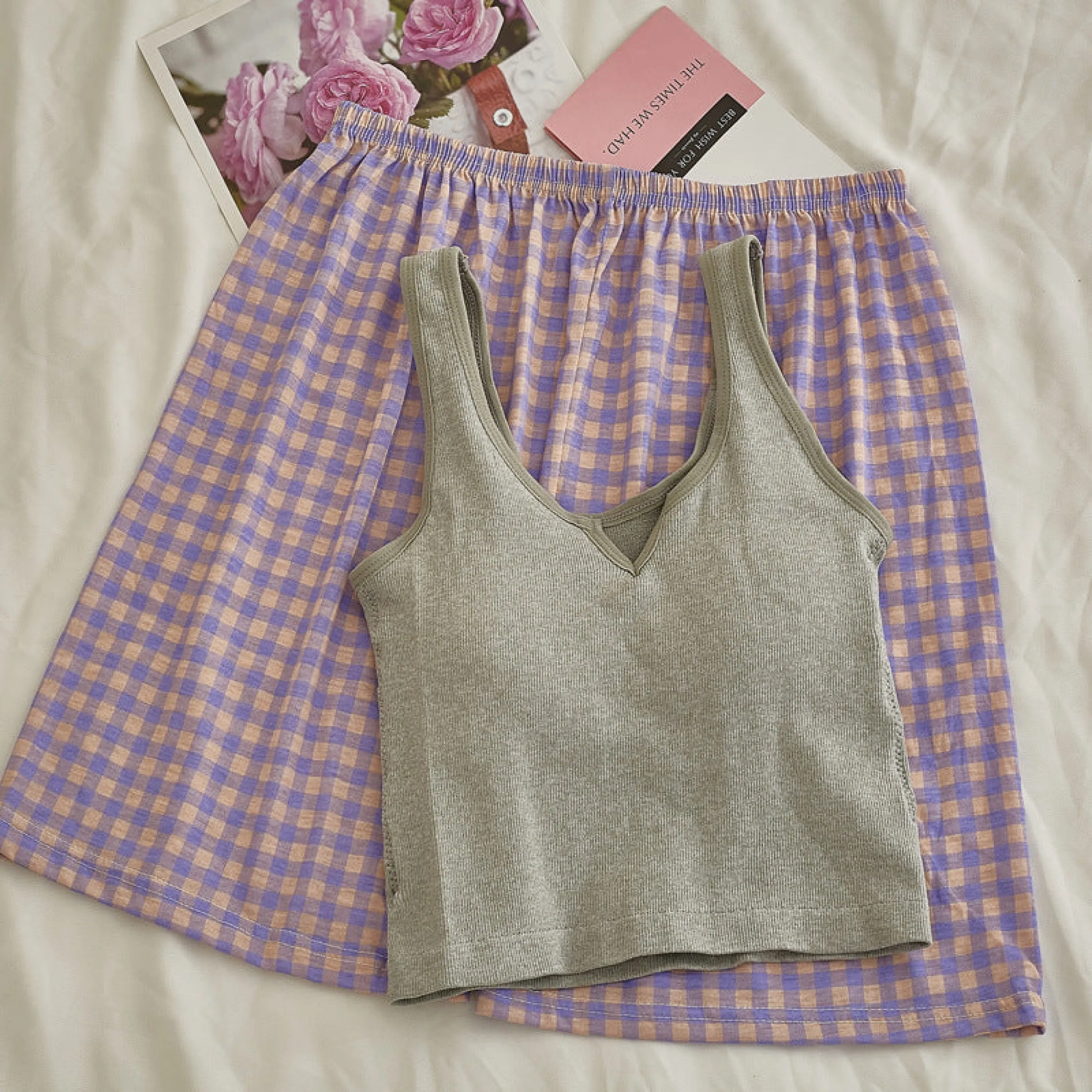 Comfy Padded Tank Shorts Set / Gray Top   Purple Gingham