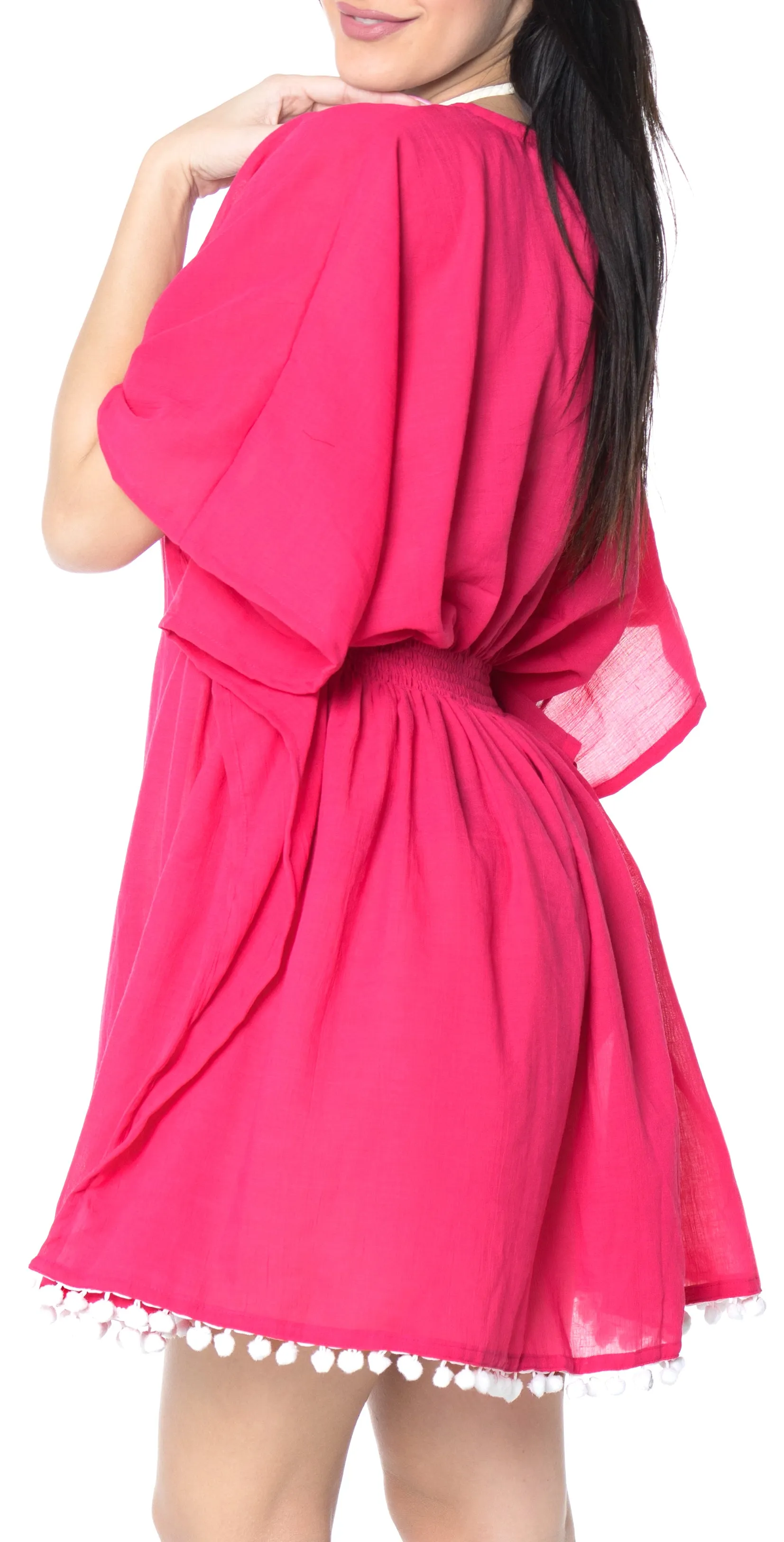 Cover Up Lace Neck Caftan Cap Sleeves Elastic Back Tunic Top Women Dress Pink