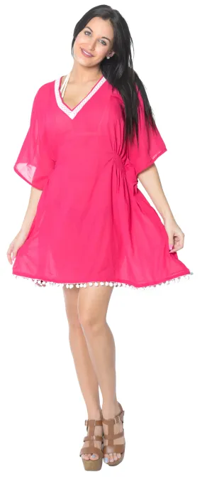 Cover Up Lace Neck Caftan Cap Sleeves Elastic Back Tunic Top Women Dress Pink