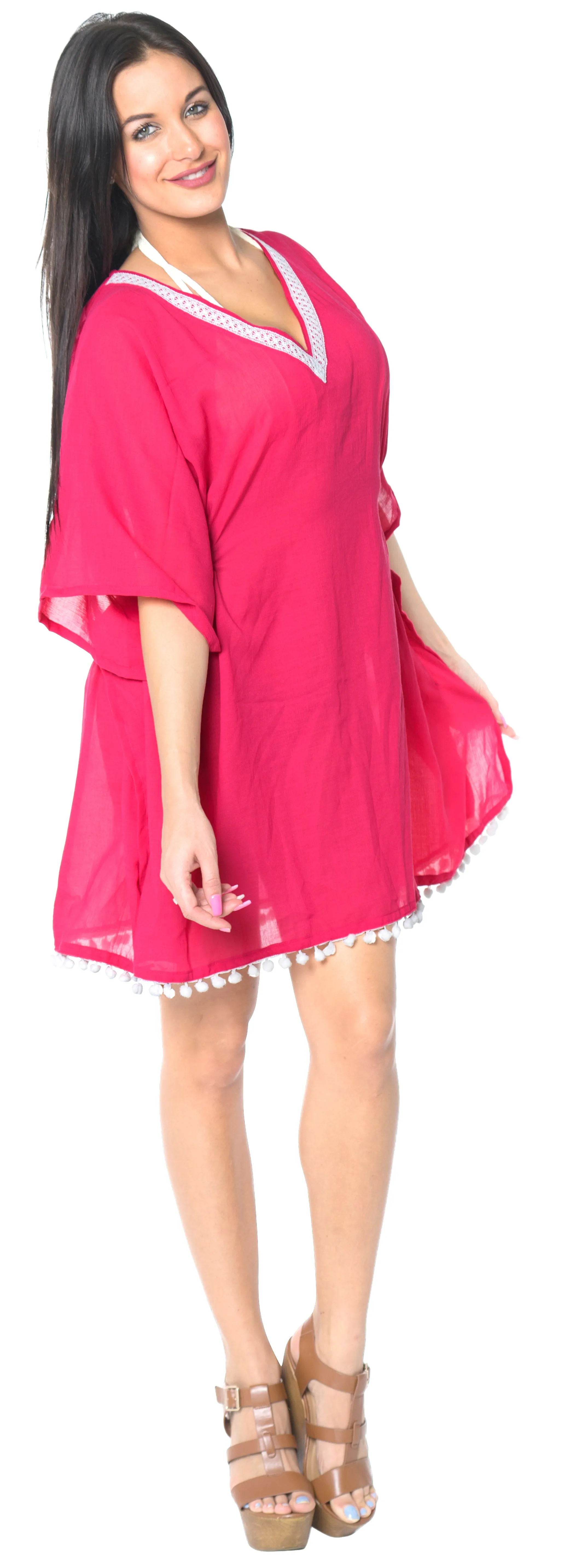 Cover Up Lace Neck Caftan Cap Sleeves Elastic Back Tunic Top Women Dress Pink