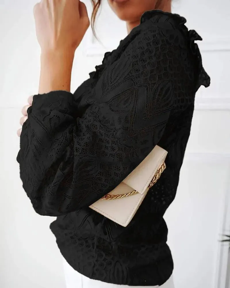 Deanwangkt - Hollow Out Ruffled Lace Long Sleeve Top