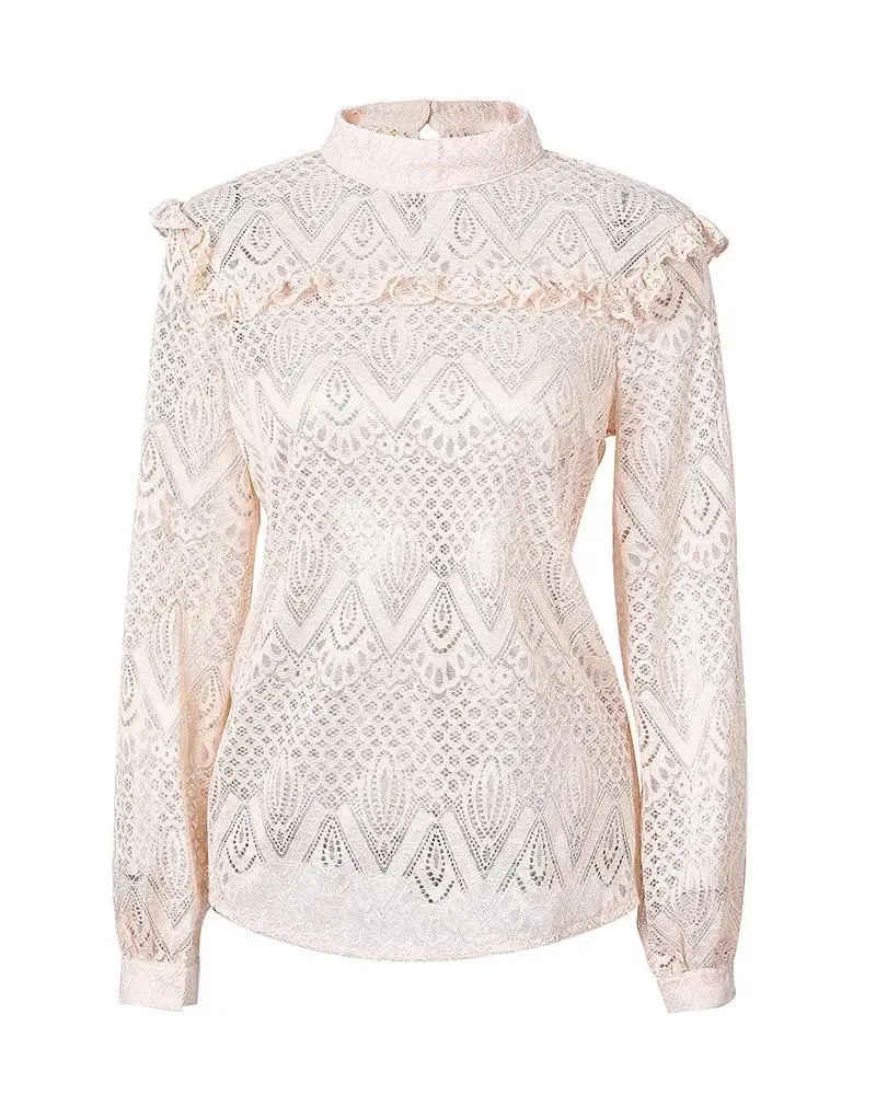 Deanwangkt - Hollow Out Ruffled Lace Long Sleeve Top