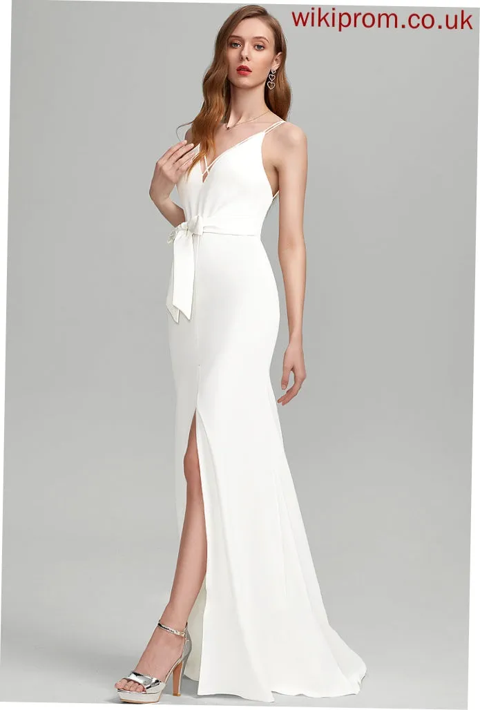 Front With Dress Split Ariel Wedding Crepe Sweep Wedding Dresses Bow(s) Train V-neck Stretch Sheath/Column