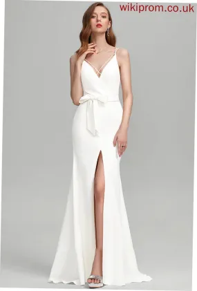 Front With Dress Split Ariel Wedding Crepe Sweep Wedding Dresses Bow(s) Train V-neck Stretch Sheath/Column