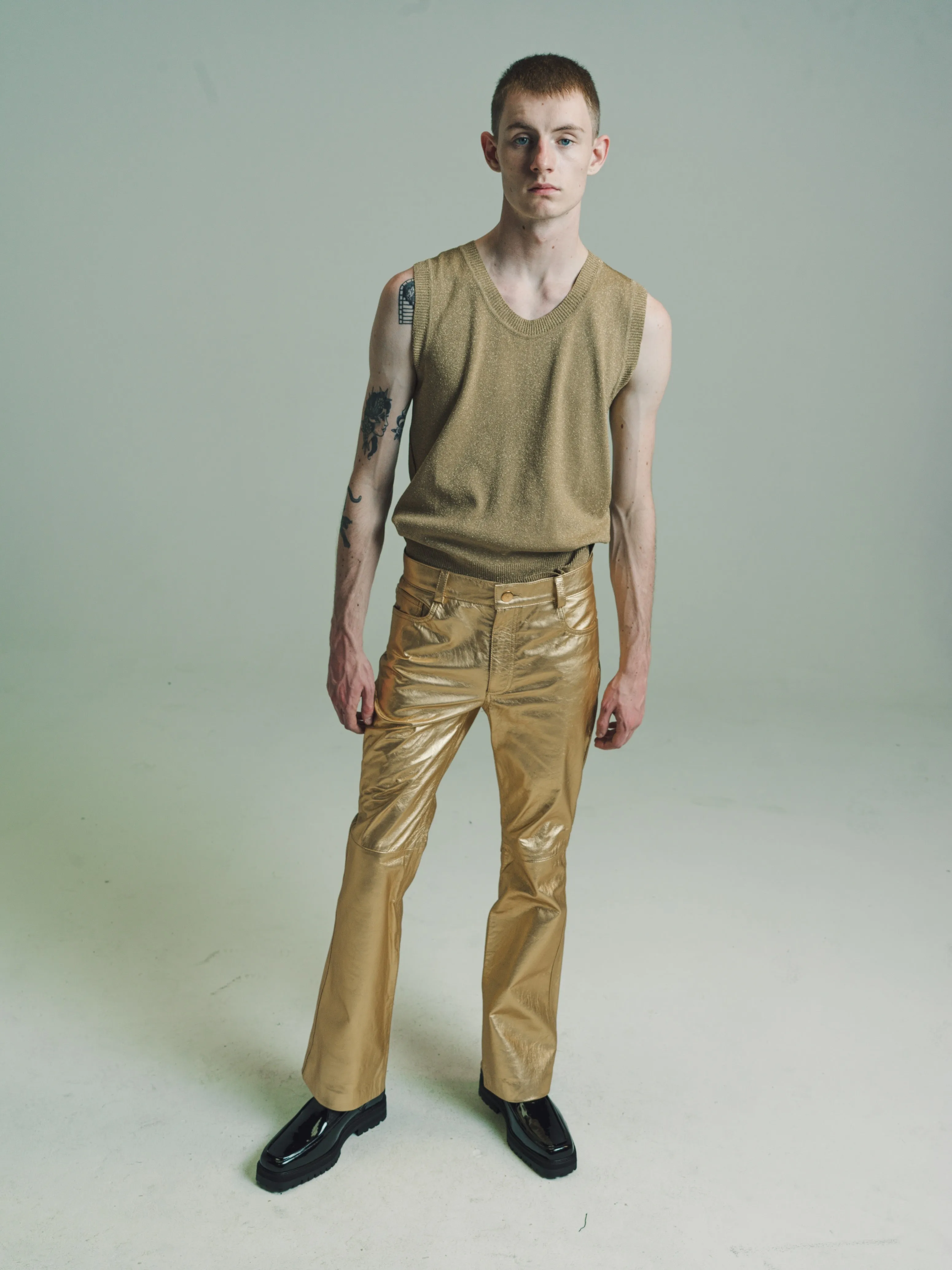 Gold Lamb Leather Flare Trousers