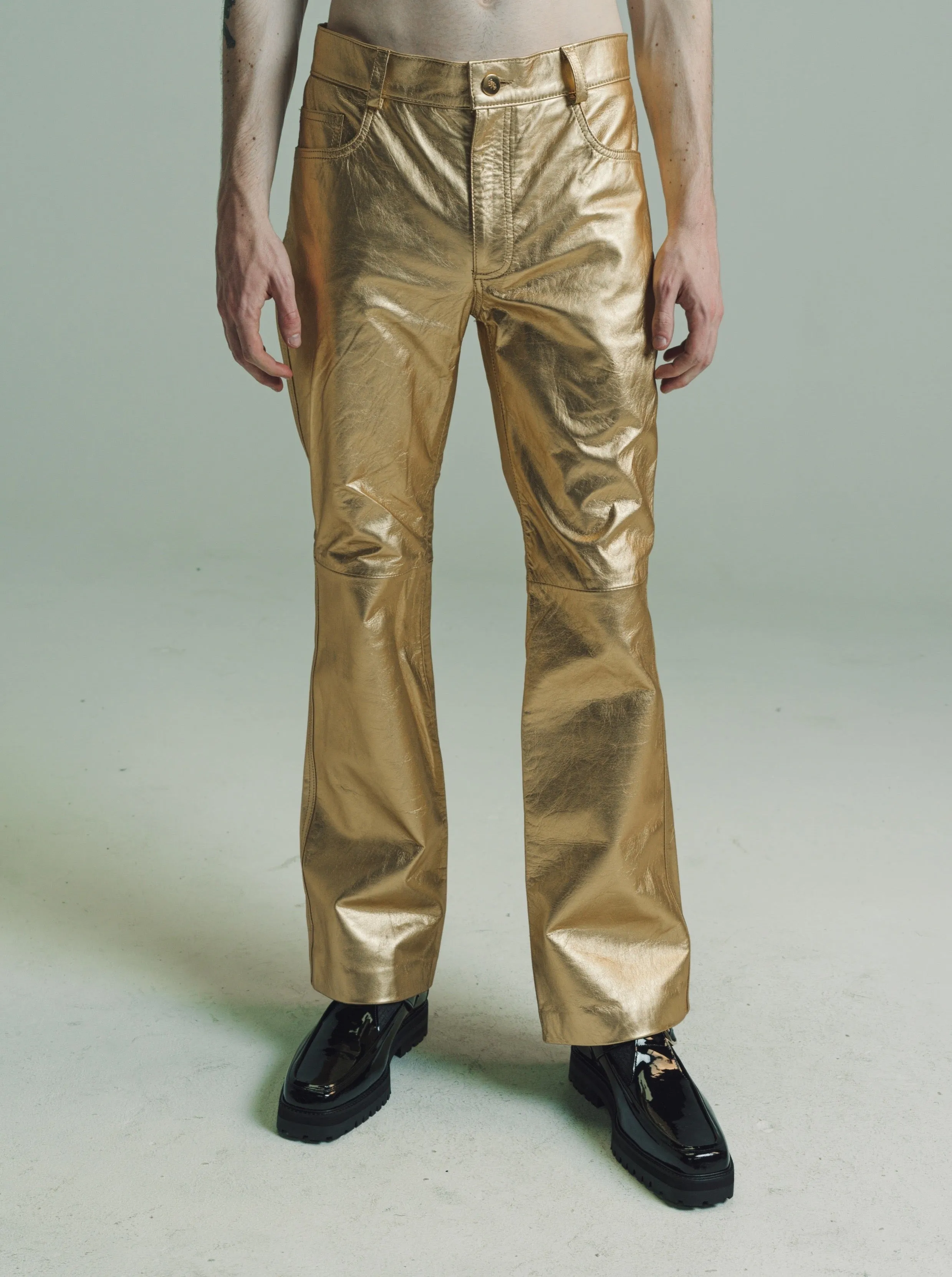 Gold Lamb Leather Flare Trousers