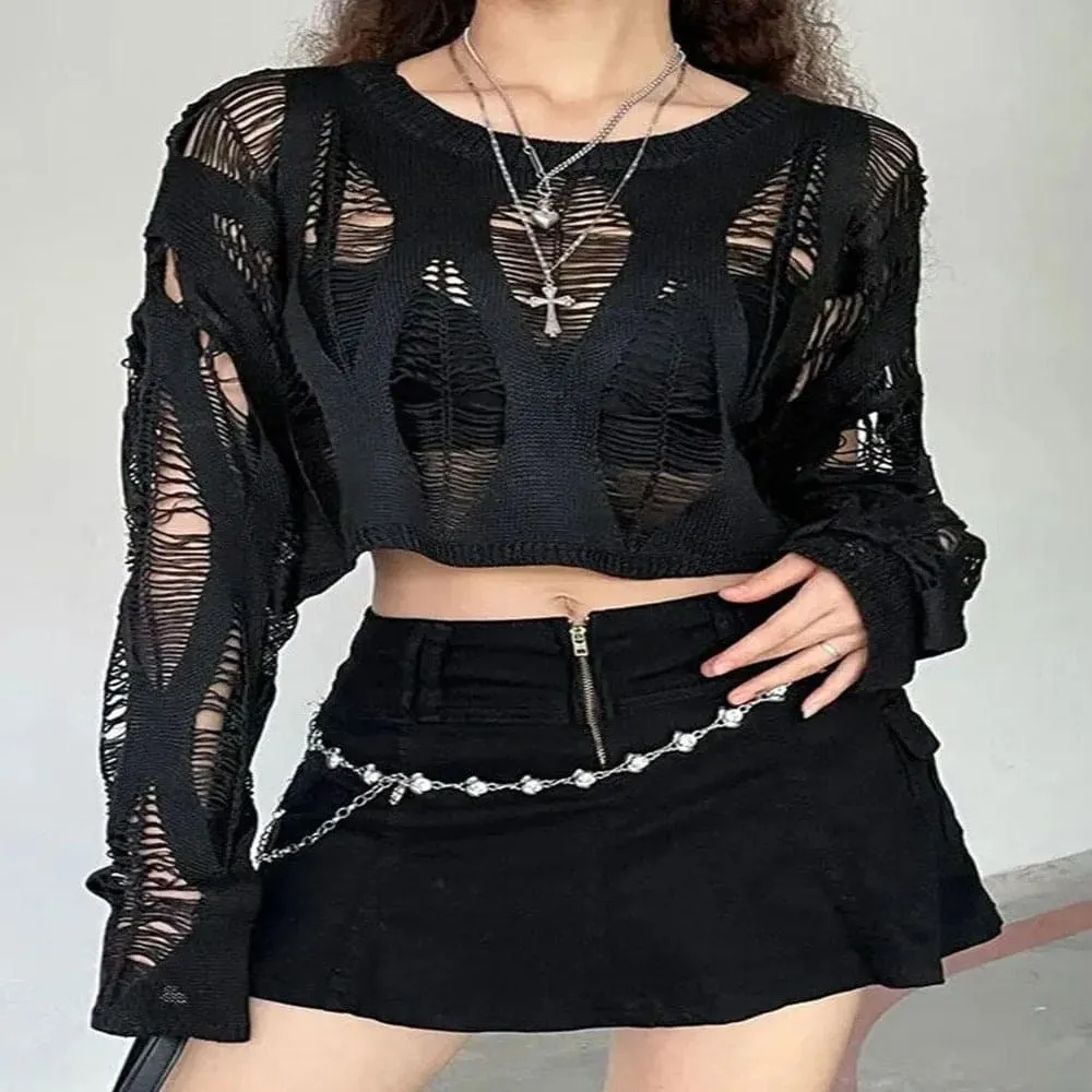 Gothic Perforated Hollow Out Knitted Long Sleeve Top