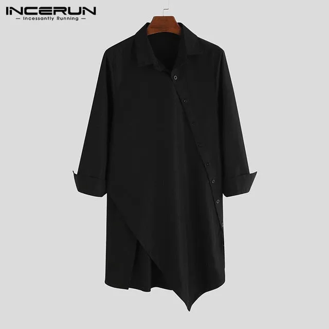 INCERUN Men Irregular Shirts Lapel Button Long Sleeve Chic Solid Color