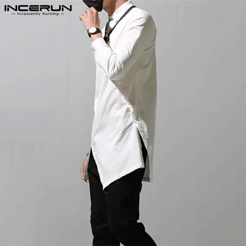 INCERUN Men Irregular Shirts Lapel Button Long Sleeve Chic Solid Color