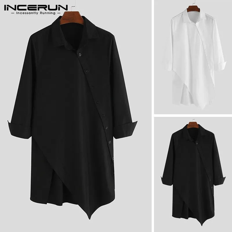 INCERUN Men Irregular Shirts Lapel Button Long Sleeve Chic Solid Color