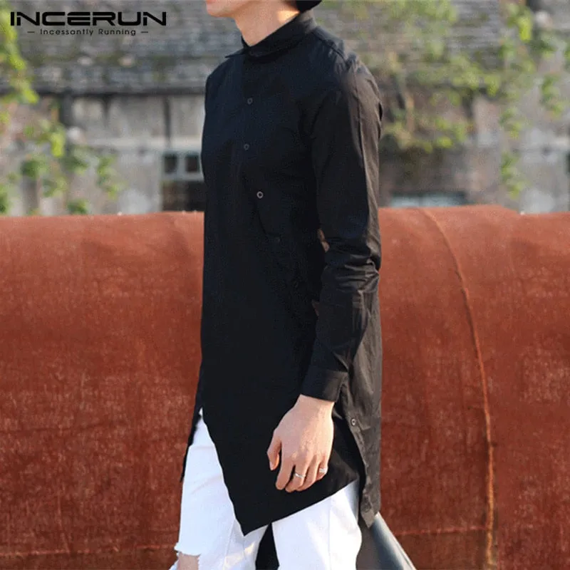 INCERUN Men Irregular Shirts Lapel Button Long Sleeve Chic Solid Color