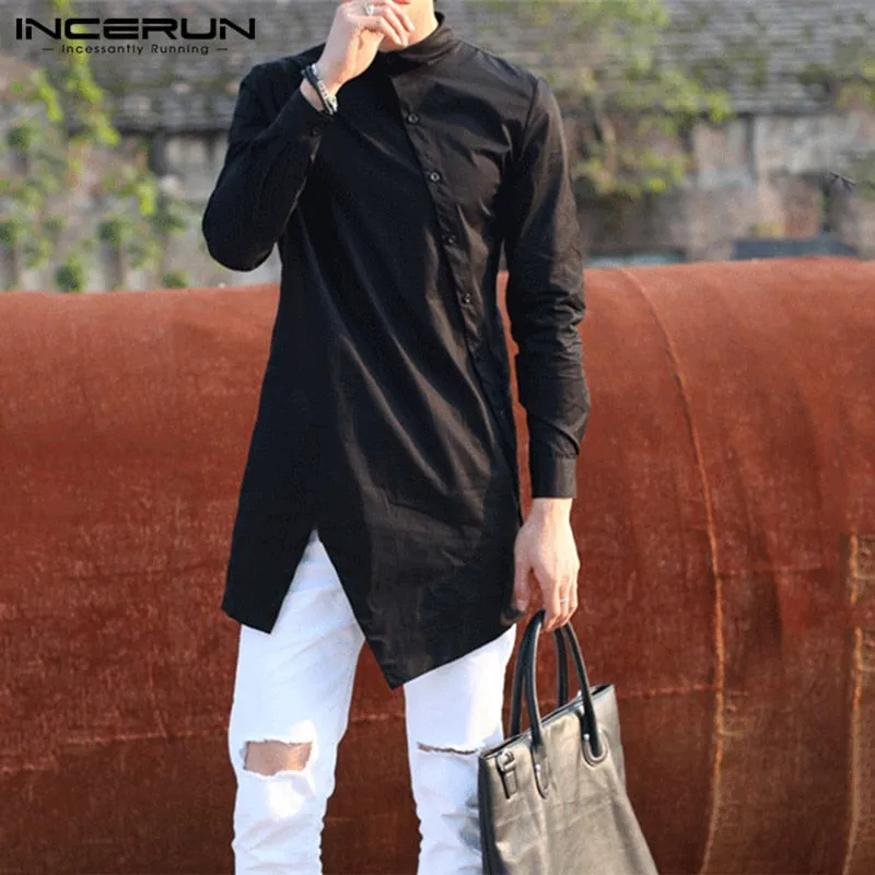 INCERUN Men Irregular Shirts Lapel Button Long Sleeve Chic Solid Color