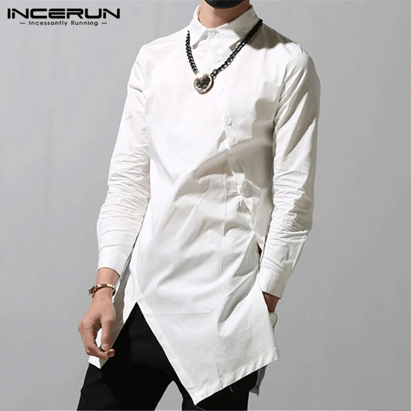 INCERUN Men Irregular Shirts Lapel Button Long Sleeve Chic Solid Color