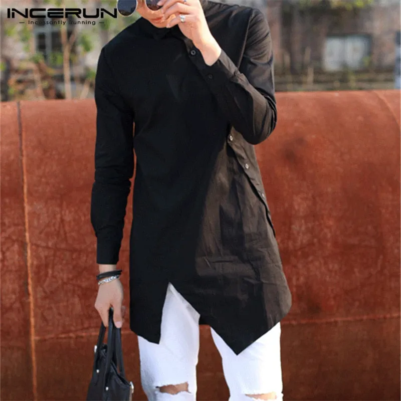 INCERUN Men Irregular Shirts Lapel Button Long Sleeve Chic Solid Color