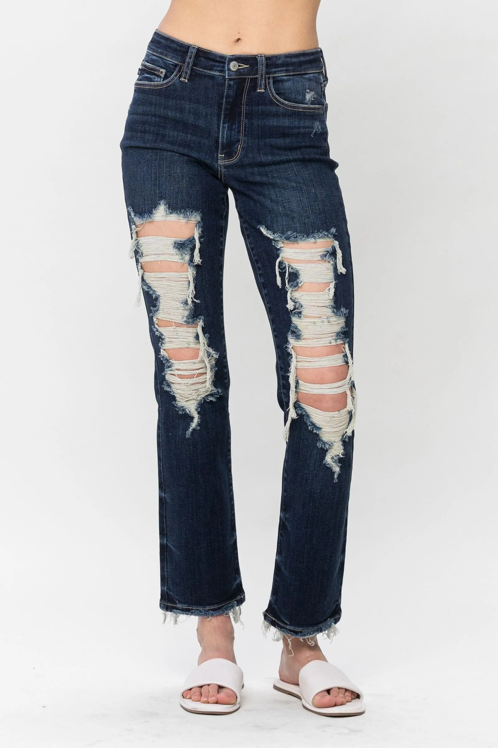 Judy Blue Mid Rise Heavy Destroyed Straight Leg Jeans