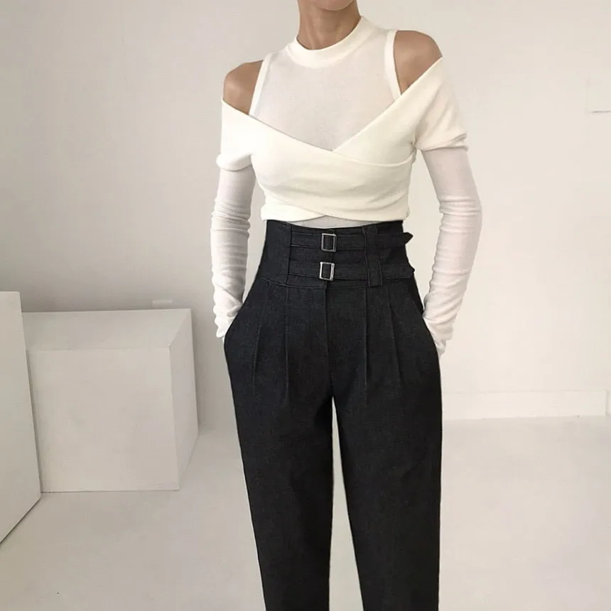 [Korean Style] Cut-off Shoulder Effect Cotton Wrap Tee