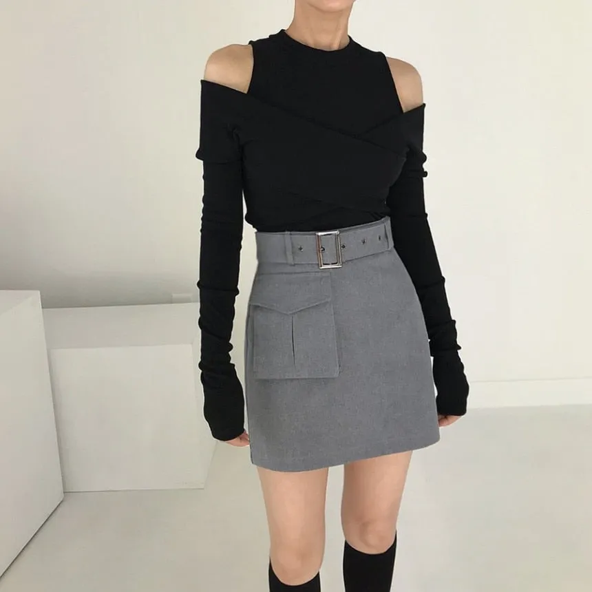 [Korean Style] Cut-off Shoulder Effect Cotton Wrap Tee