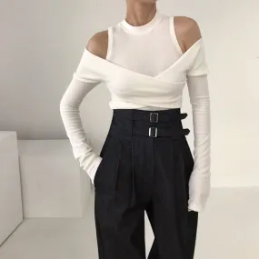 [Korean Style] Cut-off Shoulder Effect Cotton Wrap Tee