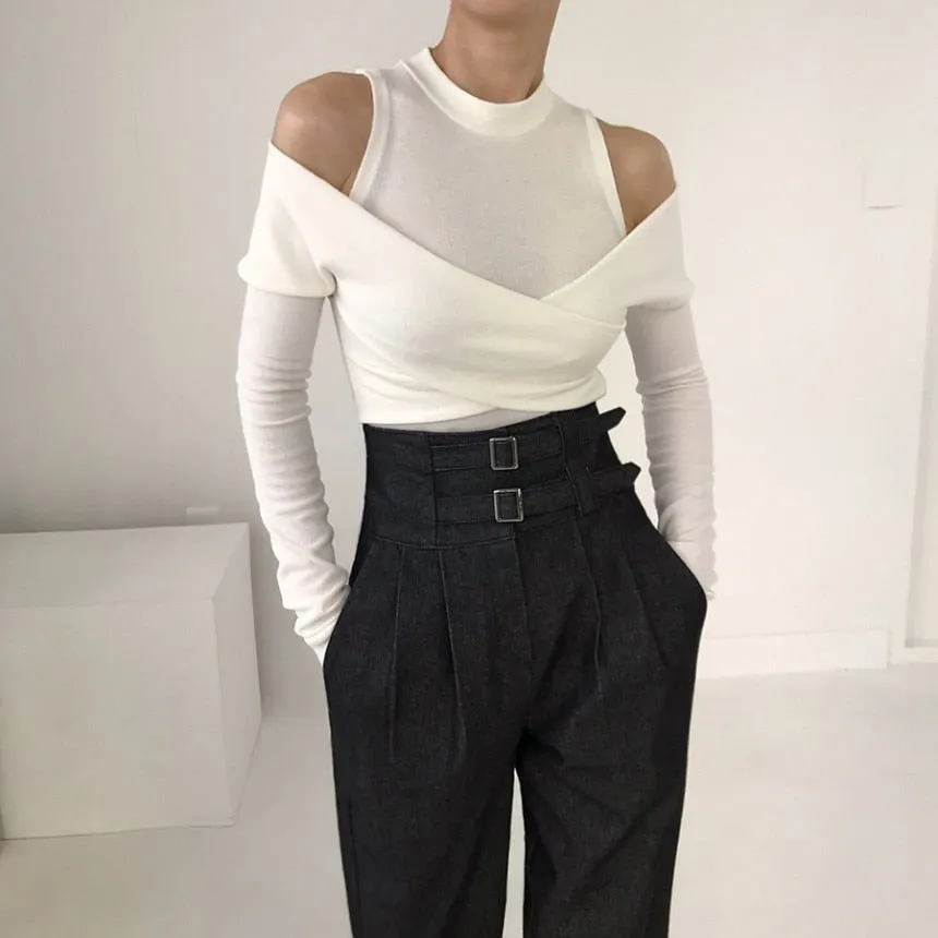 [Korean Style] Cut-off Shoulder Effect Cotton Wrap Tee