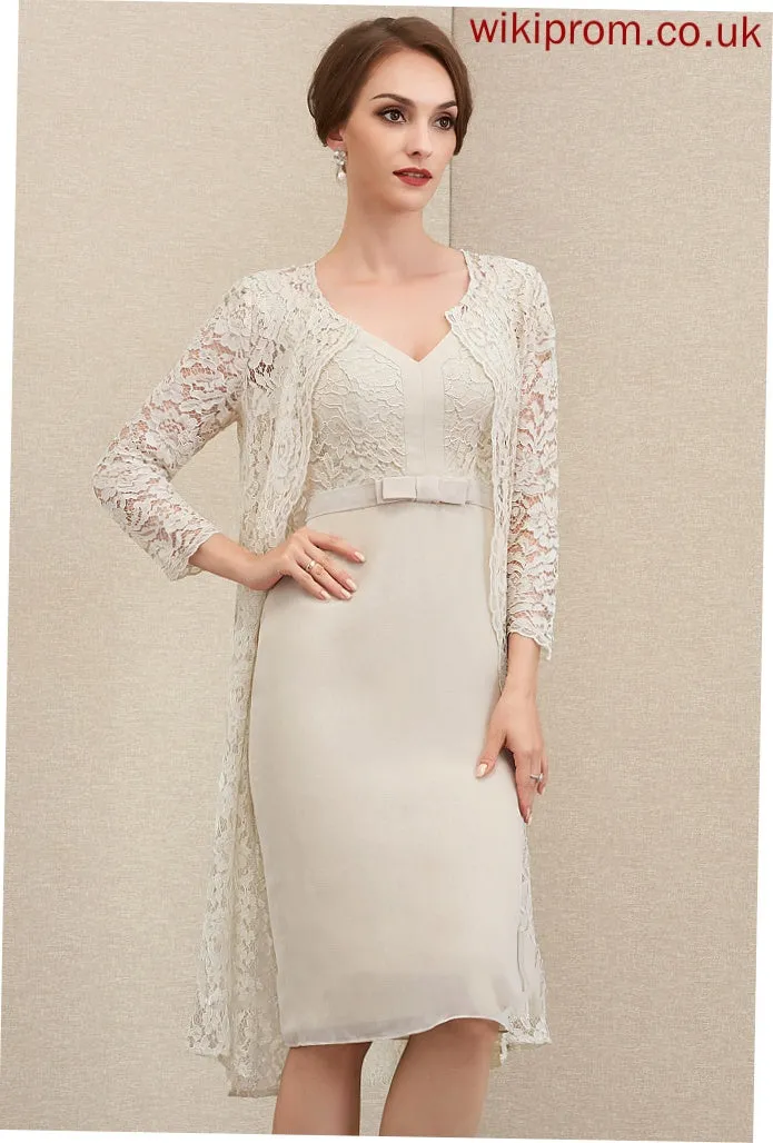 Lace Sheath/Column Bow(s) With Mother of the Bride Dresses the V-neck Tamara Dress Mother Chiffon of Bride Knee-Length