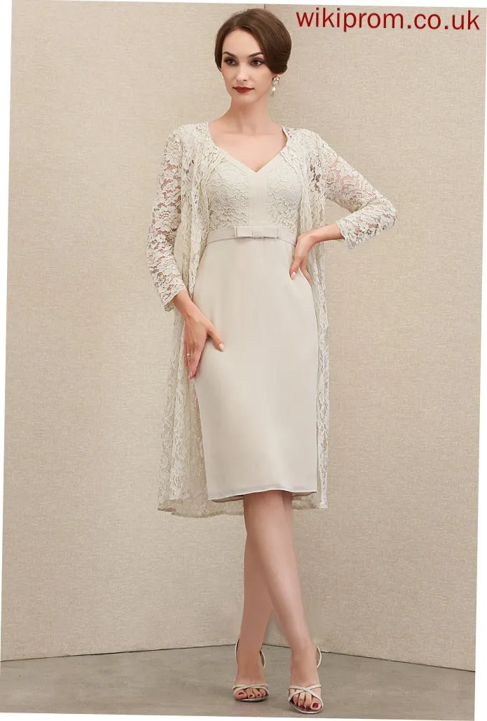 Lace Sheath/Column Bow(s) With Mother of the Bride Dresses the V-neck Tamara Dress Mother Chiffon of Bride Knee-Length