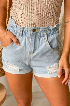 Light Blue Denim Paperbag Shorts