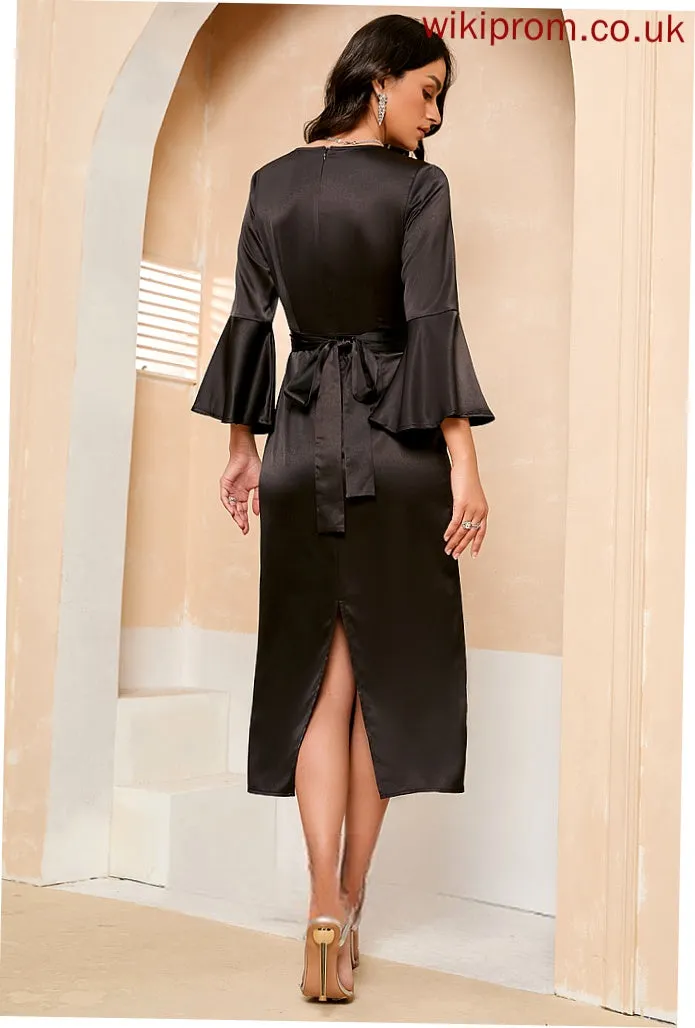 Lilianna Dresses V-Neck Midi Sleeves Long Sheath Satin Club Dresses Elegant