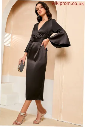 Lilianna Dresses V-Neck Midi Sleeves Long Sheath Satin Club Dresses Elegant