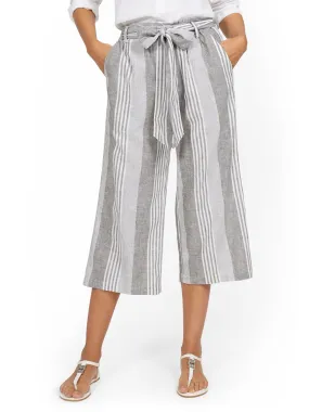 Linen-Blend Striped High-Waisted Paperbag Wide-Leg Capri Pant